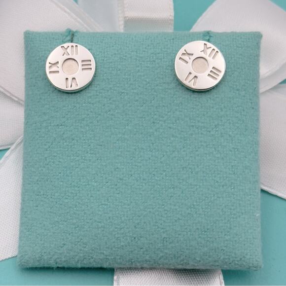 Tiffany & Co. Atlas Roman Numeral Stud Earrings Rare Sterling Silver W/ Pouch - Picture 1 of 12
